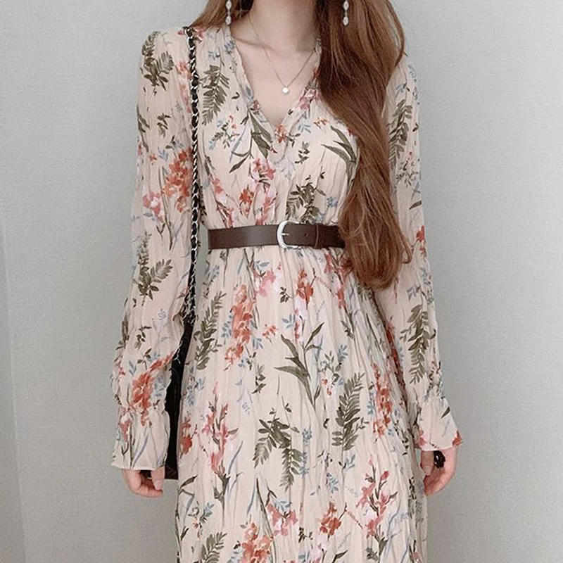 

Женское шифоновое платье с поясом, элегантное платье в корейском ретро-стиле с V-образным вырезом, длинными рукавами, поясом и принтом, 2021