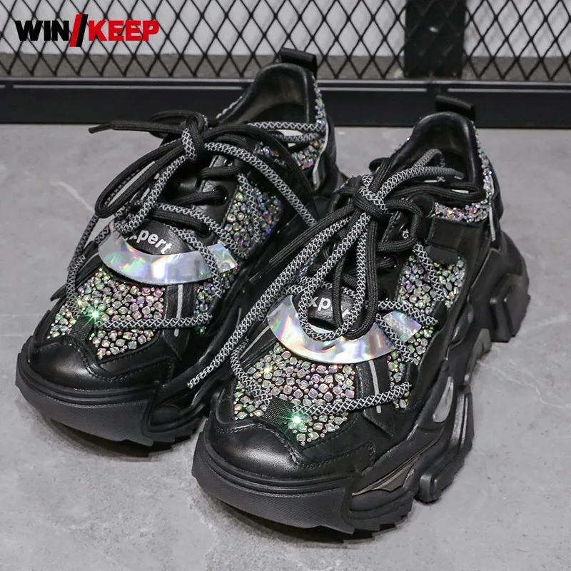 

Womens Outdoor Sport Shoes Spring Genuine Leather Patchwork Diamonds Platform Sneakers Lace Up Height Increasing Jogging Shoes