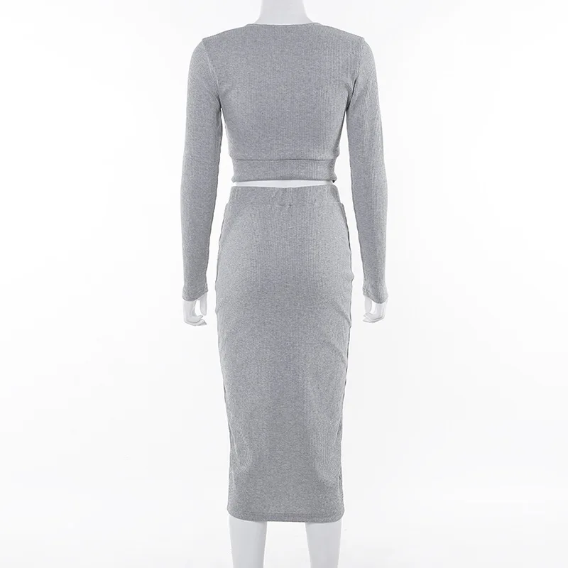 

BONJEAN 2020 Autumn Short Shirt and Skirt Set Women's Two Piece Outfits Long Sleeve Gray Clothing Set Casual Dress Set BJ1563