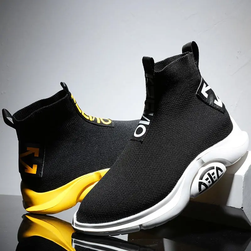 Летние мужские высокие кроссовки размера плюс для бега мужская спортивная обувь мужчин черные вязаные GMB