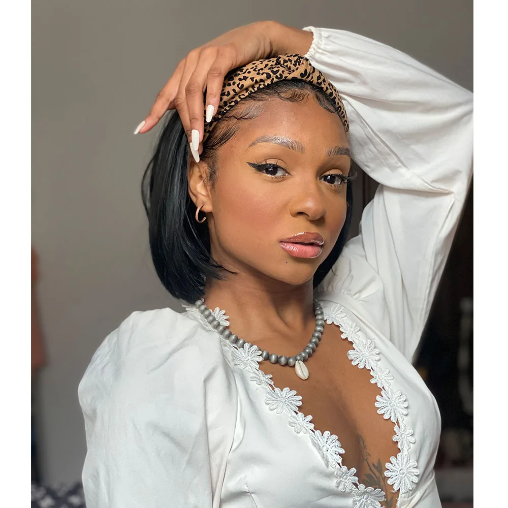 

HENRY MARGU Black Highlight Headband Wigs for Black Women Short Bob Straight Synthetic Headwrap Wig Party Cosplay Heat Resistant