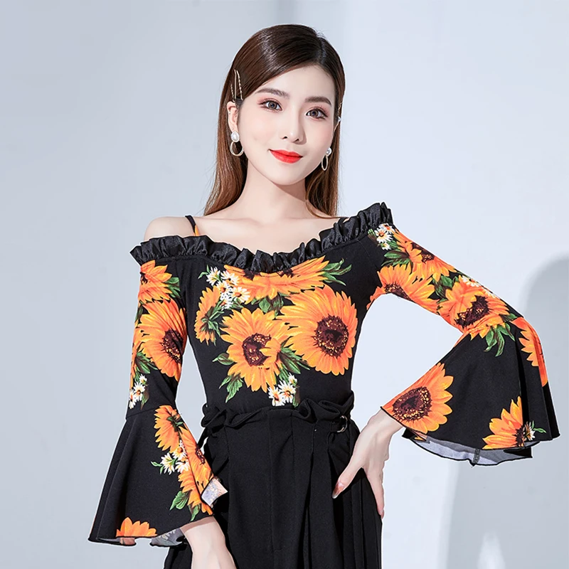 

Off-Shoulder Ballroom Dance Leotard Flared Sleeves Sunflower Waltz Tango Dancing Performance Clothing Rumba Stage Costume