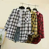new arrival women fashion loose plaid blouse korean girl causal linen shirt long sleeve checked cotton coat for autumn spring