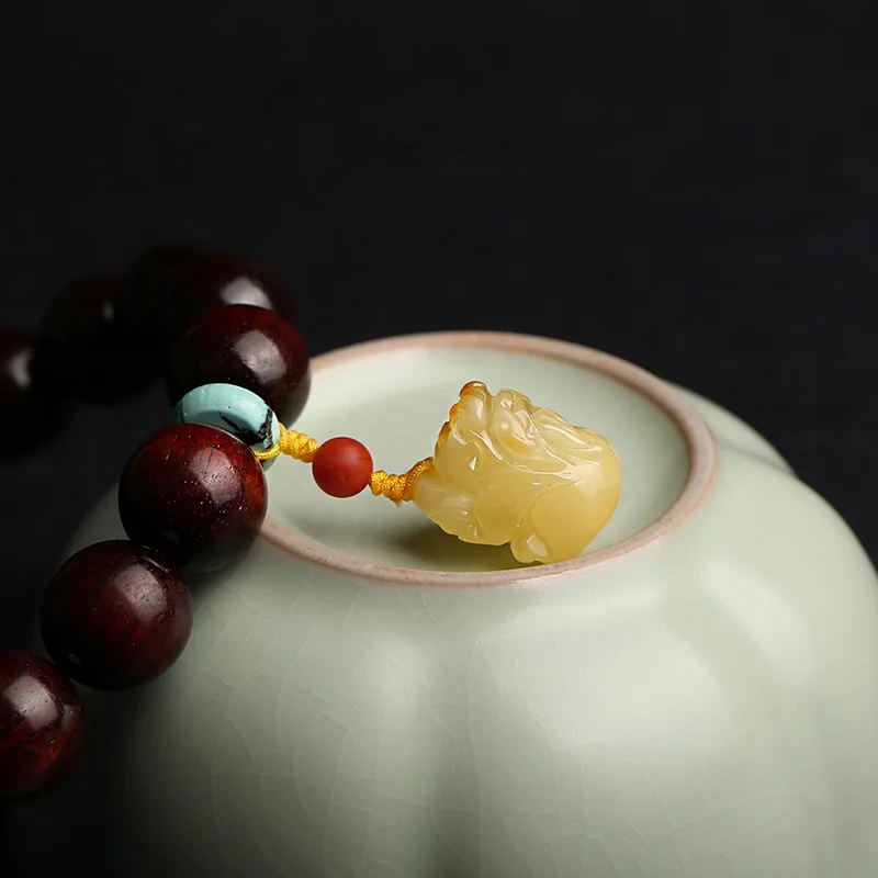 

Fashion Jewelry Rosewood Bracelet Wooden Rosary 12mm High Density And Oiliness With Natural Turquoise Pendant For Men And Women