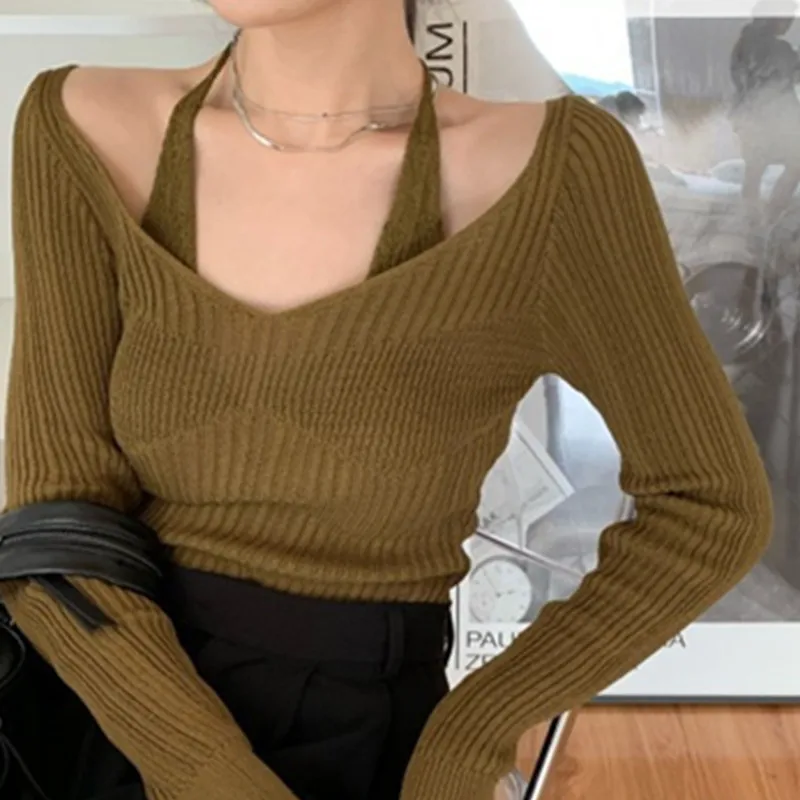 

Fake Two-piece Women's Clothes Autumn Sexy Off Shoulder Knitted Sweater Casual All-match Halter Slim Tight Bottoming Solid Tops