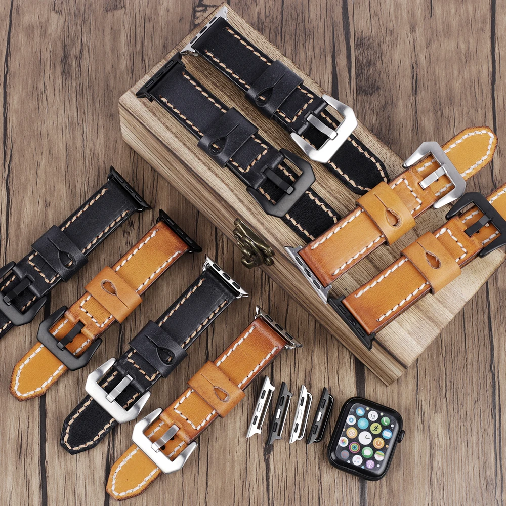 Vintage Cow Leather Band for Apple Watch 44mm 40mm 42mm 38mm Series 7 6 SE 5 4 3 for iWatch Apple Watch Strap Bracelet