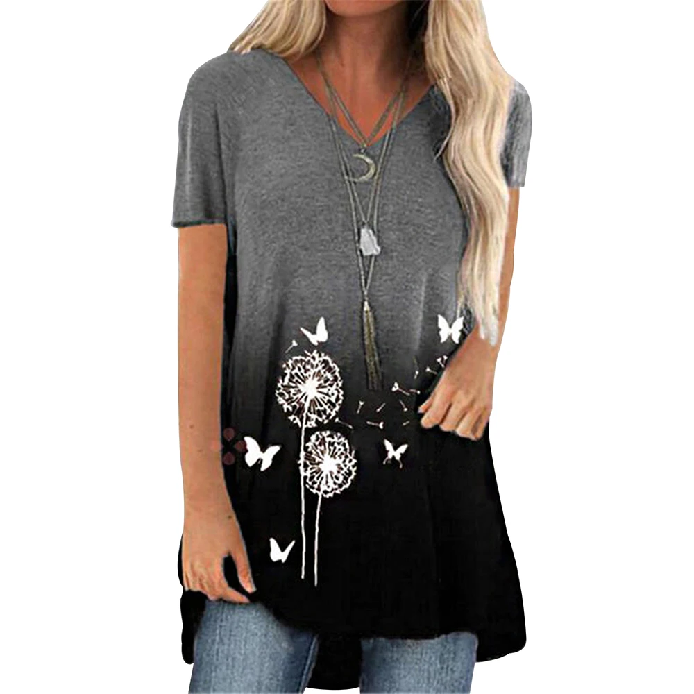 

Female Short Sleeve Long Style Plus Size Tops Butterfly Dandelion Print V-Neck Casual Blouses Asymmetrical Fashion Tee Tops