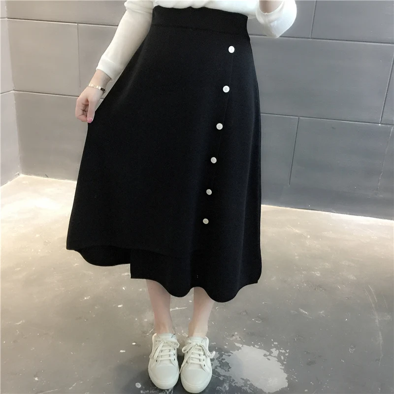 

19895 solid irregular button mid length skirt