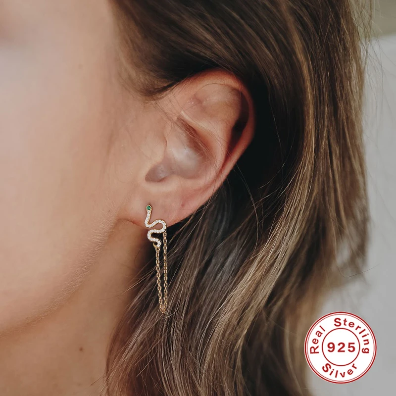 Серьги-гвоздики с подвеской в виде змеи серебро 925 пробы | Украшения и аксессуары