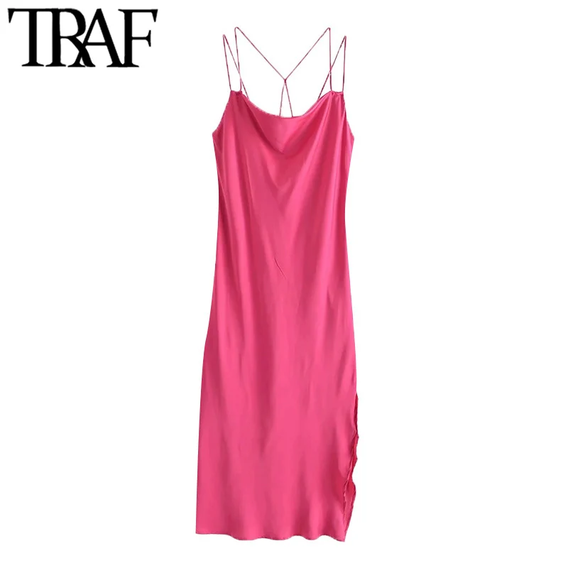 

TRAF Women Fashion Side Slit Soft Touch Midi Camisole Dress Vintage Backless Cross Thin Straps Female Dresses Mujer