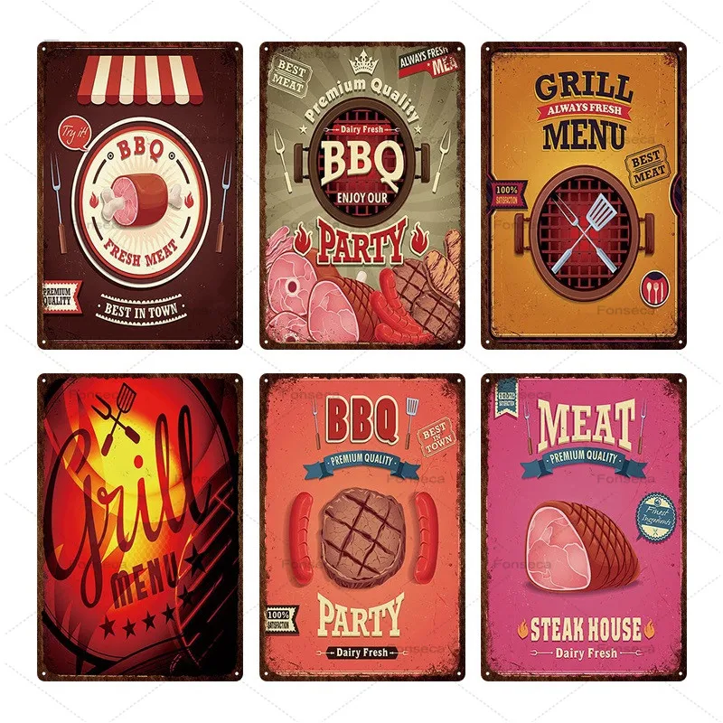 BBQ Meun Metal Sign Vintage Tin Plaque Wall Decor For Barbecue Bar Pub Kitchen Party Zone Signs Iron Paintin | Дом и сад