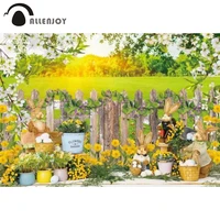 allenjoy spring easter rabbit flower background green grass eggs wood fence baby shower portrait party photobooth backdrop
