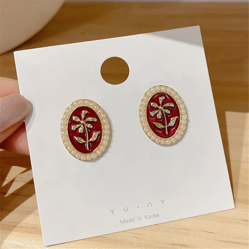 Модные геометрические овальные жемчужные серьги гвоздики с цветами для женщин