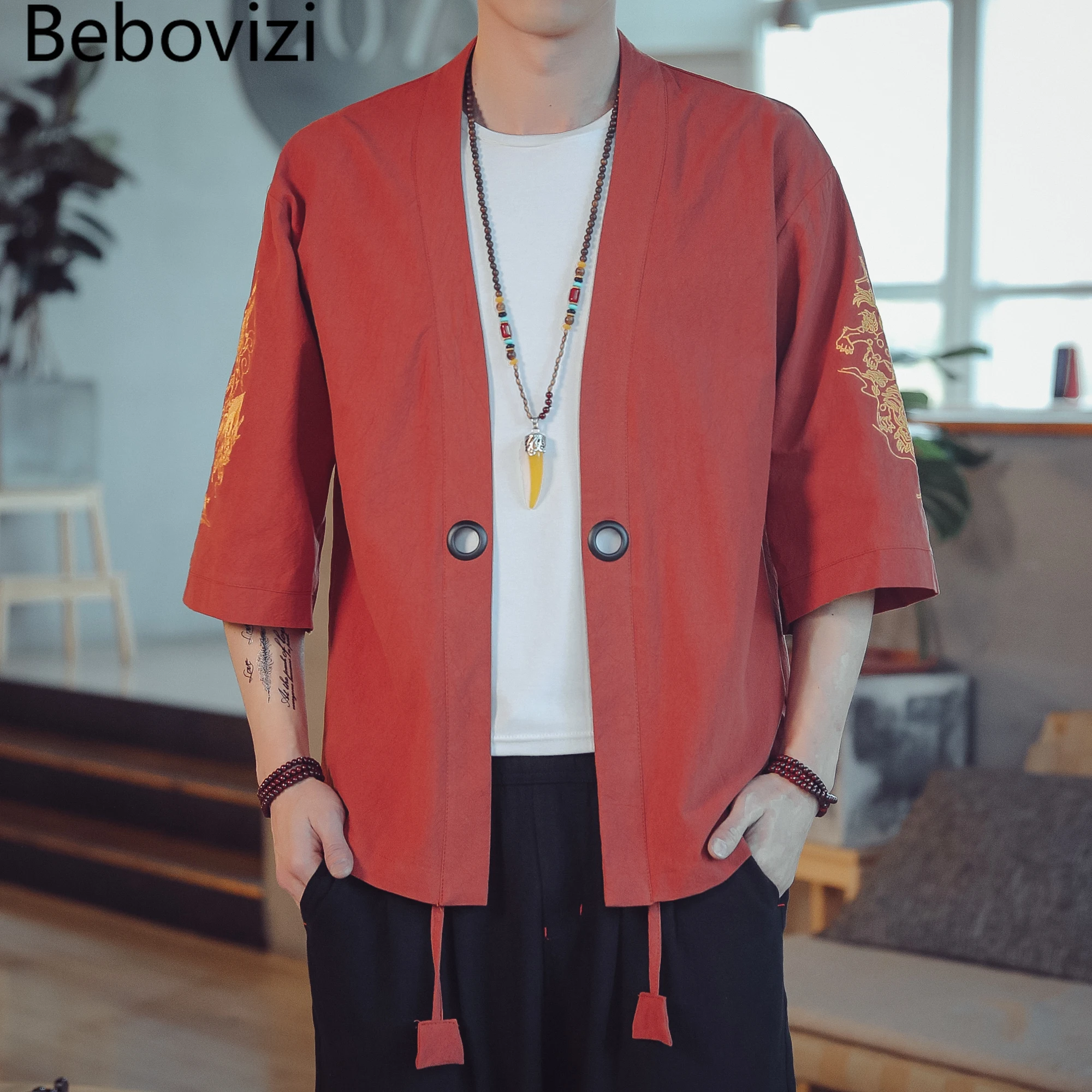 Кимоно Bebovizi мужское хлопковое китайский дракон вышивка топ свободного кроя