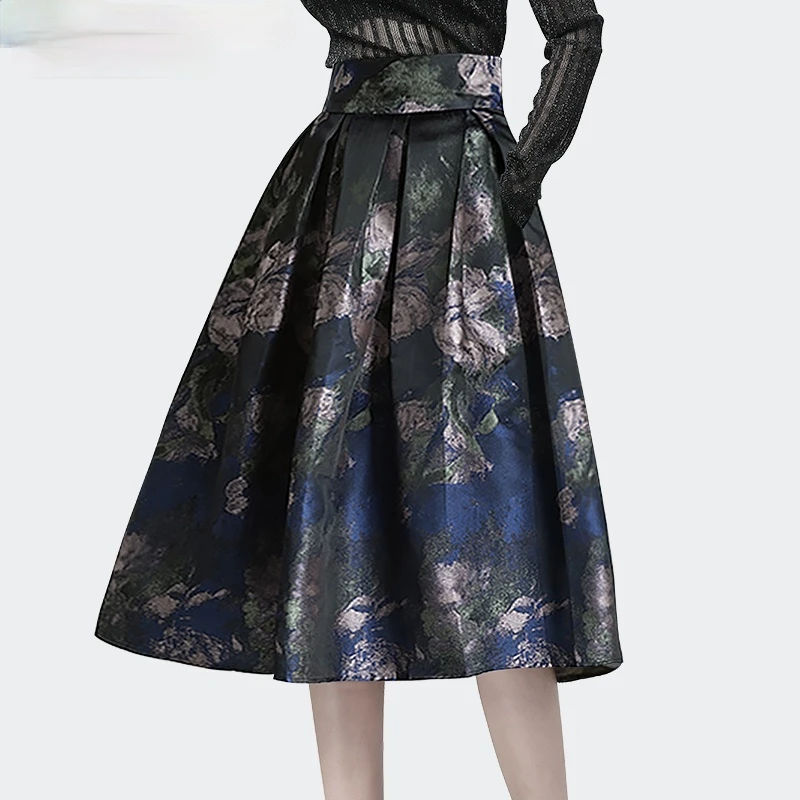 

Jacquard Puffy Pleated Skirts Women Clothing Elegant Vintage Spring New Sliver Embroidery French Ball Gown Mid Long Skirt Female