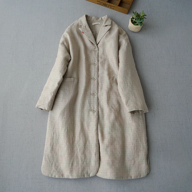 

Winter Autumn New Women Brief All-match Loose Japanese Style Comfortable Cotton Padded Plaid Linen Jackets Thin Overcoats
