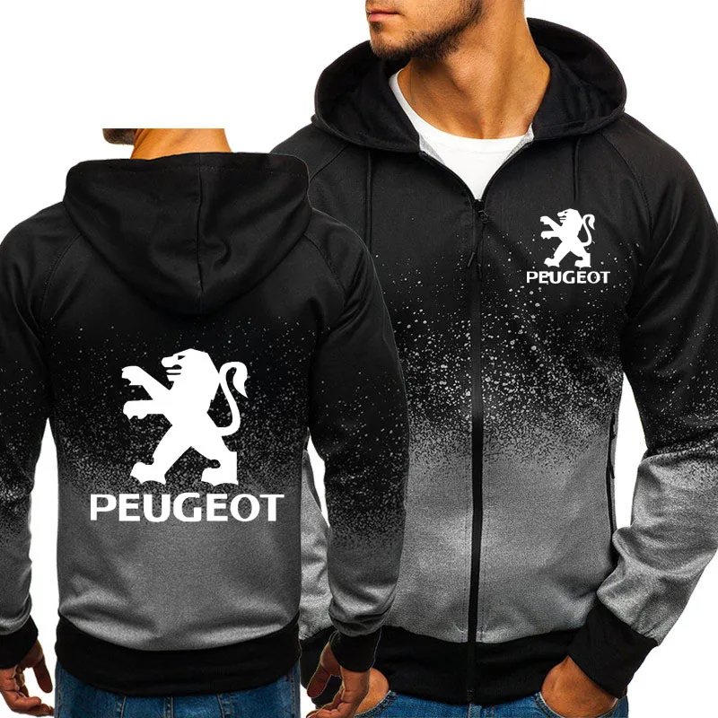 

New Men Jacket for Peugeot Car Logo Print Casual HipHop Gradient Color Hooded Fleece Sweatshirts Zipper Hoodies Man Coat 678