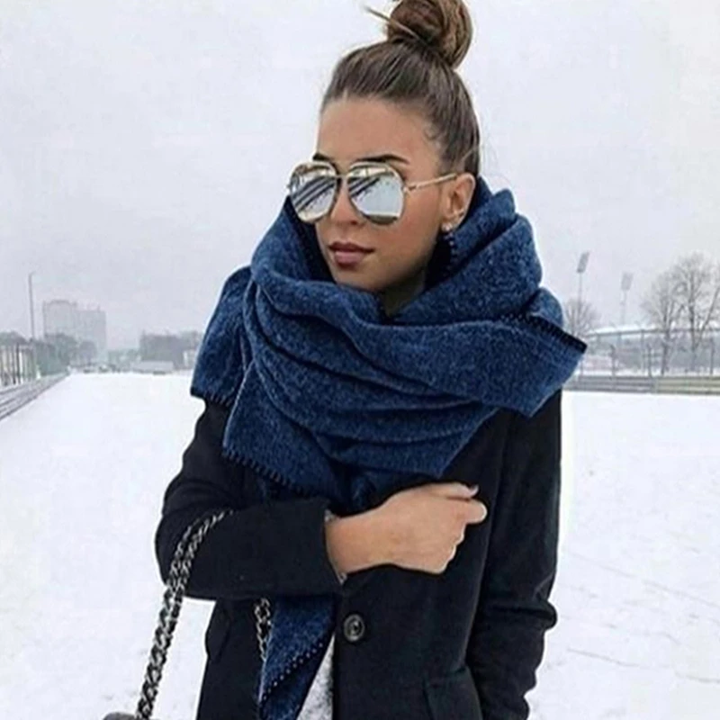 

Плотный теплый шарф для женщин, Однотонный женский черный шарф из искусственного кашемира, женский зимний винтажный теплый мягкий шарф