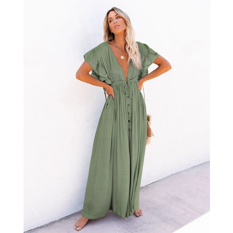 

Summer Beach Maxi Dress Women Pleated Drawstring High Waist Long Dress Solid Boho Casual V-Neck Sexy Party Dresses 2021