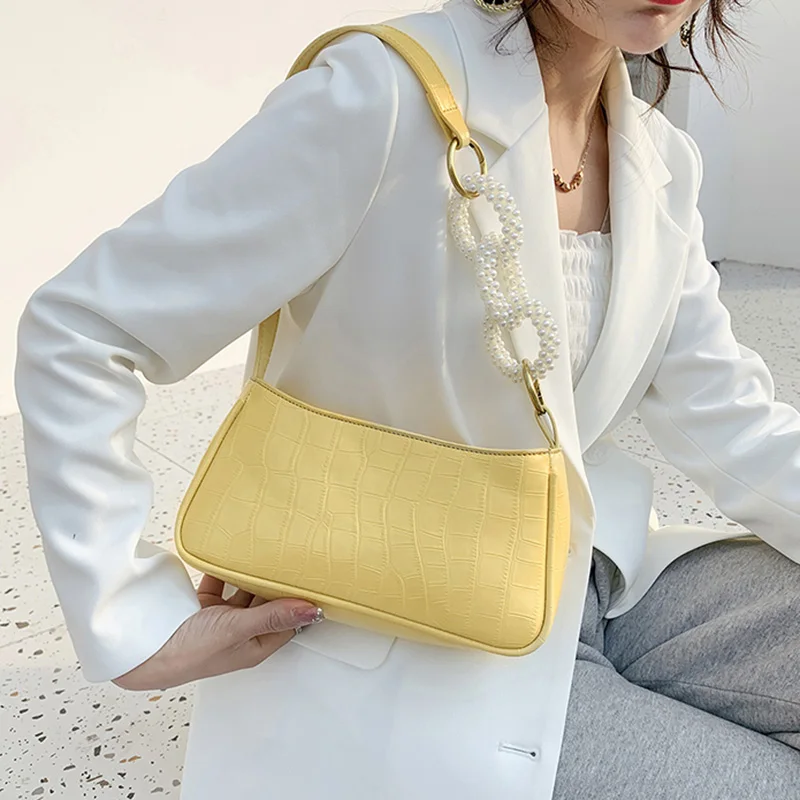 

Designer Women Pearl Belt Armpit Bags Yellow Purple PU Leather Crossbody Bag 2022 Luxury Braided Strap Underarm Bags Handbags
