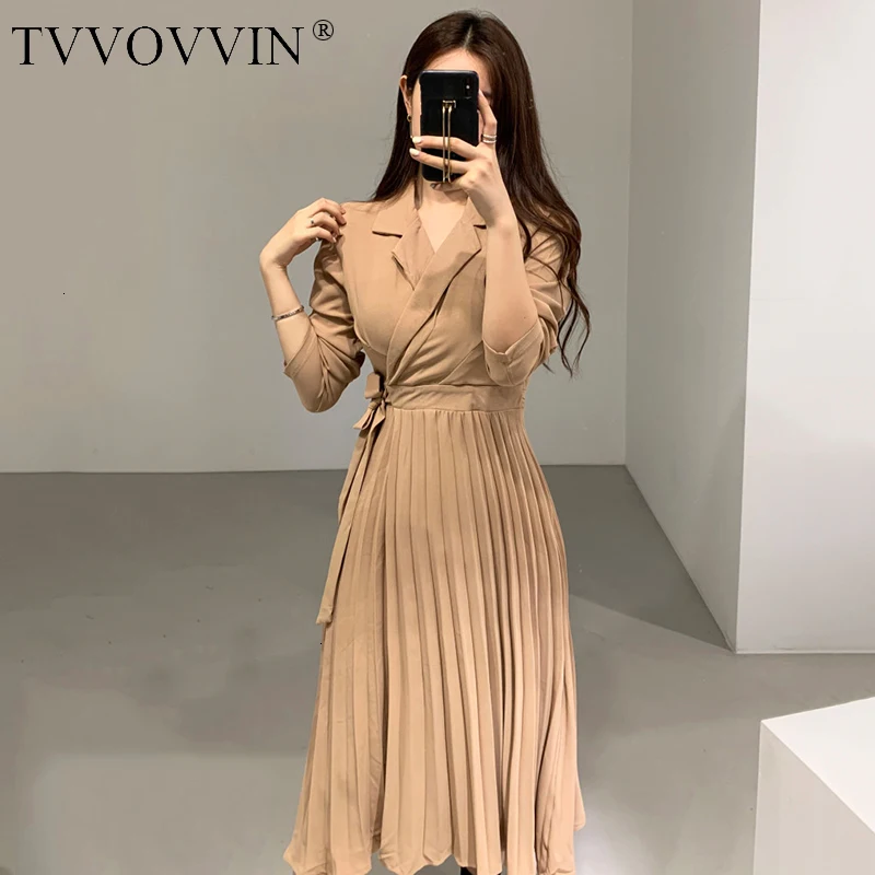 TVVOVVIN женское платье с фигурным длинным рукавом, Блейзер, платья на шнуровке, высокая талия, длинное плиссированное платье, темпераментные женские платья B288