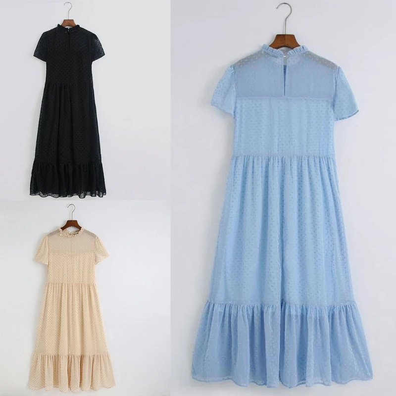 

Женское плиссированное платье средней длины, длинное однотонное свободное платье с коротким рукавом, оборками и воротником в горошек, с выс...