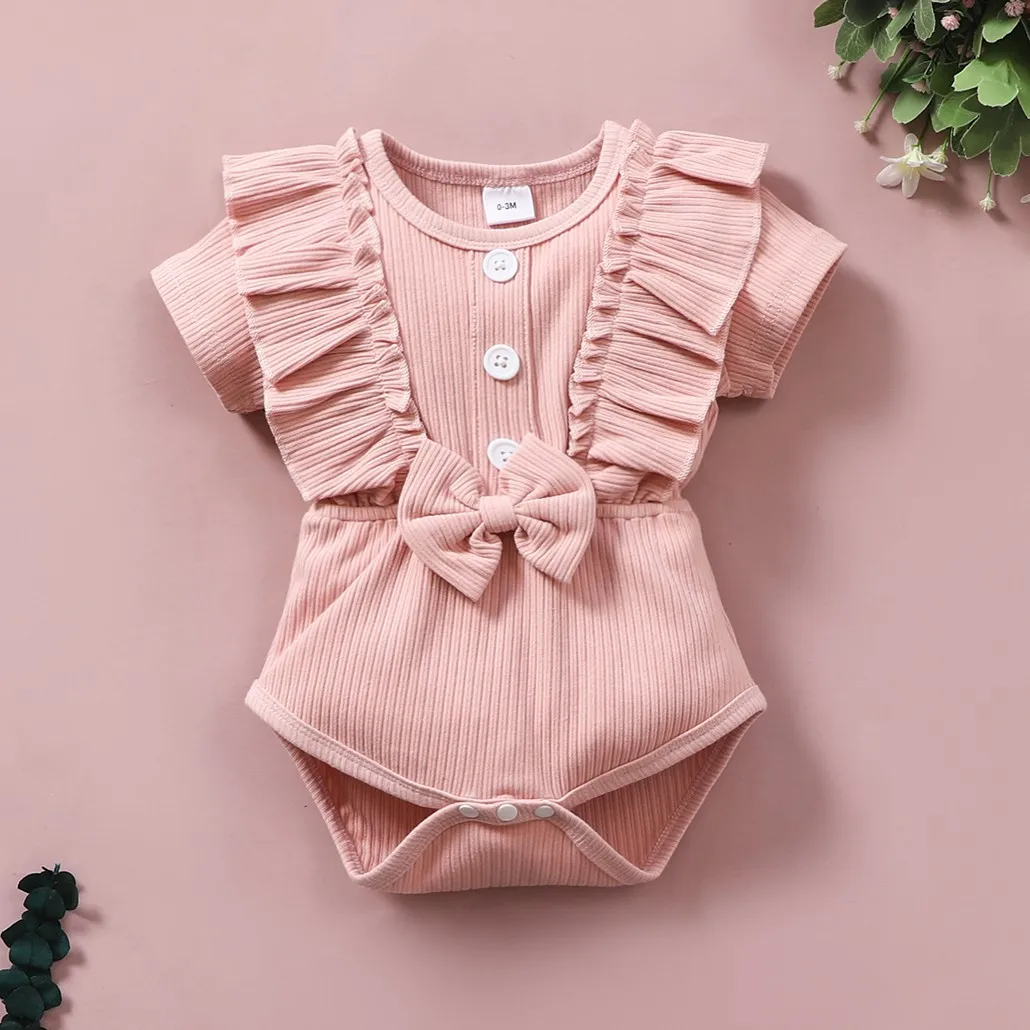 

Cotton Baby Girls Clothing Summer Cute Toddler Kids Girls Hanging Bowknot Romper Short Sleeve Triangle Jumpsuits Headband