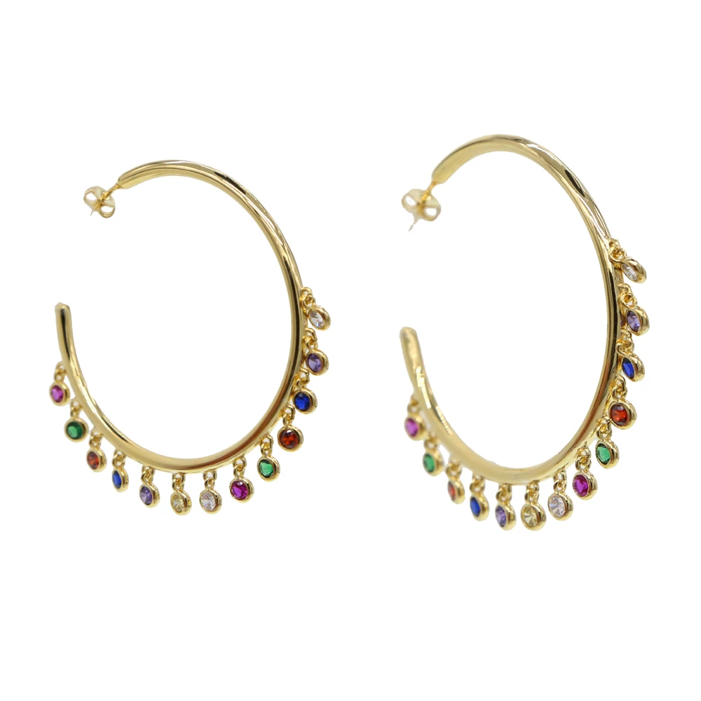 

2 pairs Multiple Round rainbow cz charm Earrings Jewelry gorgeous Gold Color circle hoop Chandelier Earrings for Women