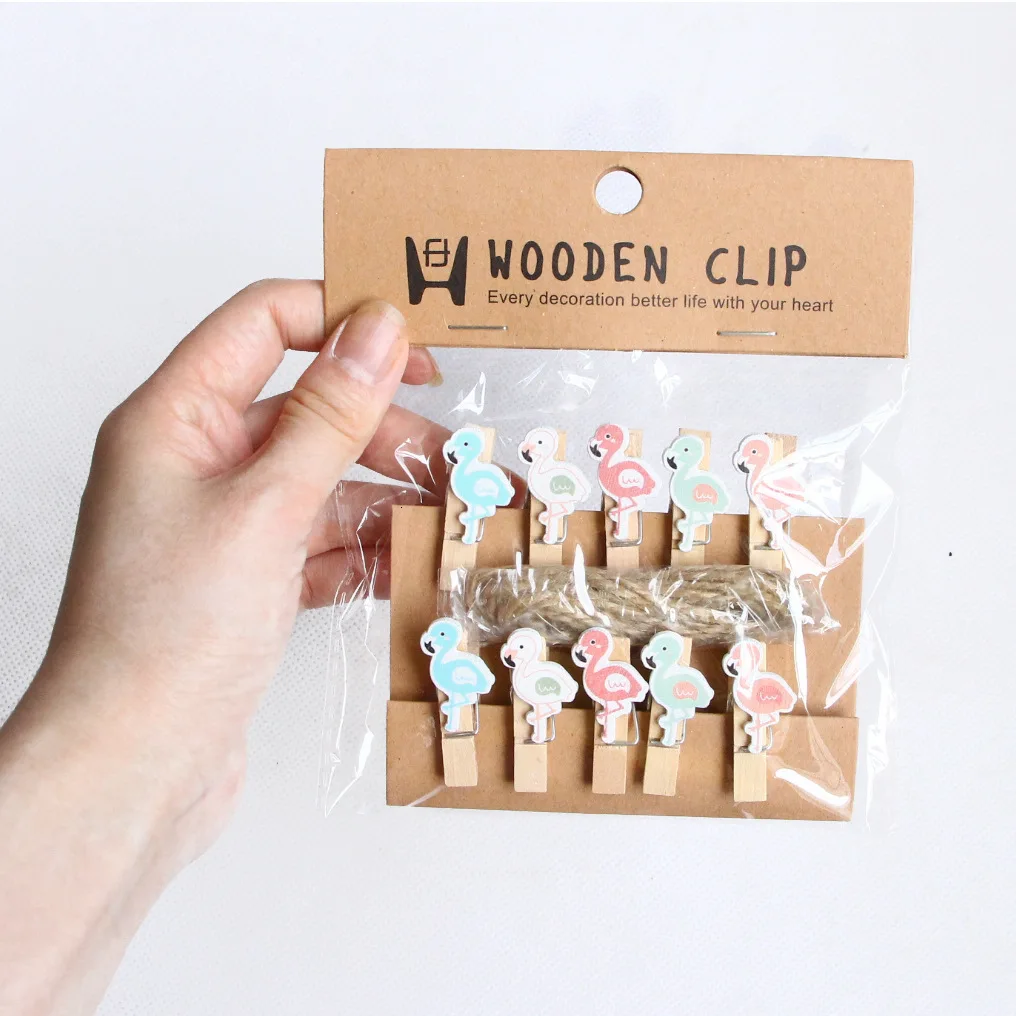 Christmas Flamingo 10 pcs 2m hemp rope 3.5cm photo clip wooden small note cute wall decoration | Дом и сад