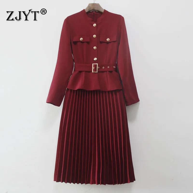 

Fashion Women's Autumn Winter Designers Runway Dress Elegant Midi Office Party Vestidos Full Sleeve Pleated Robe Femme
