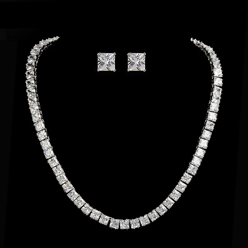 

Simple Square AAA Zircon Jewelry Set Collar Necklace Stud Earring Copper Chain White Zircon Women Wedding Jewelry