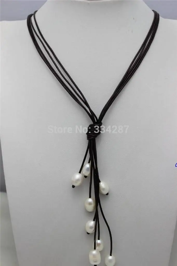 

brown Genuine Leather white Freshwater Pearl necklace"Handmade"Alloy 21"