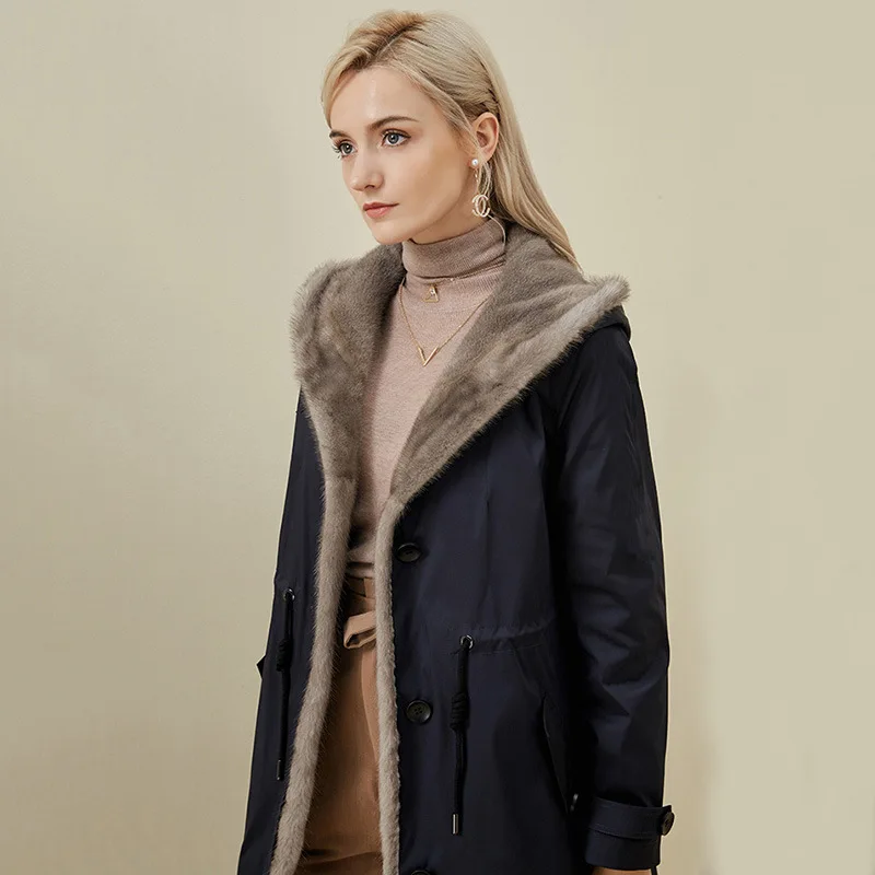 Super Mink Hooded Real Fur Coat Women Long Windproof Warm Rex Rabbit Fur Liner Detachable Knee-length Wool Black Overcoat Parkas