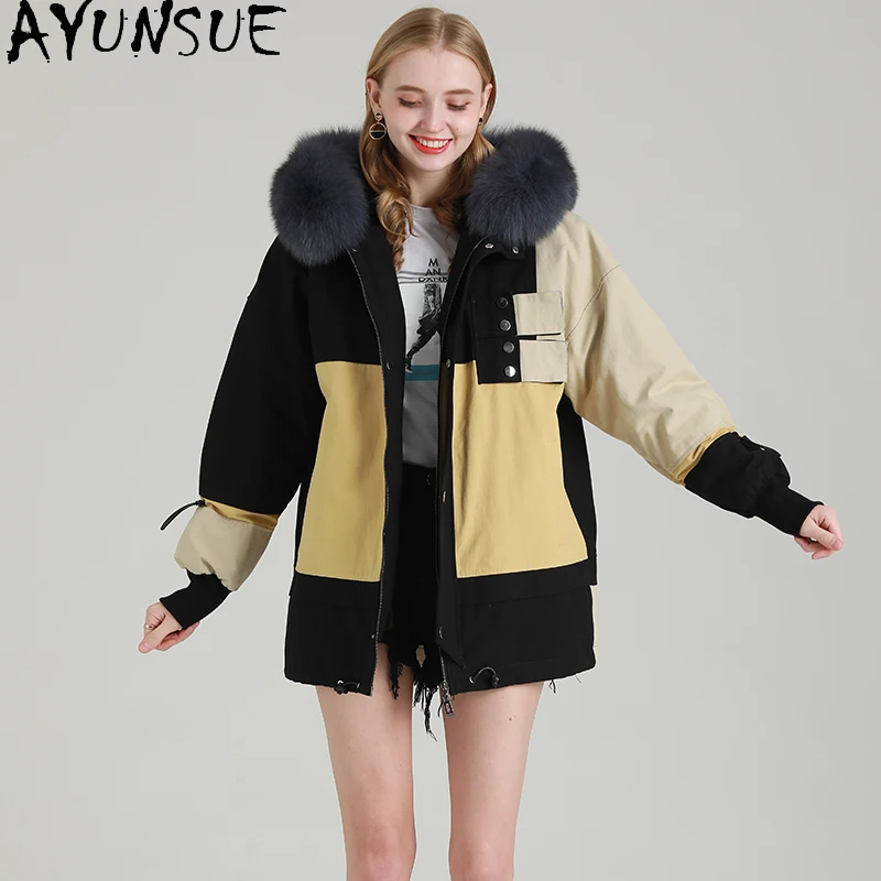 

AYUNSUE Women's Winter Jacket 2020 Real Rex Rabbit Fur Lining Coat Female Natural Fox Fur Collar Jackets Slim Mujer Parkas W3970