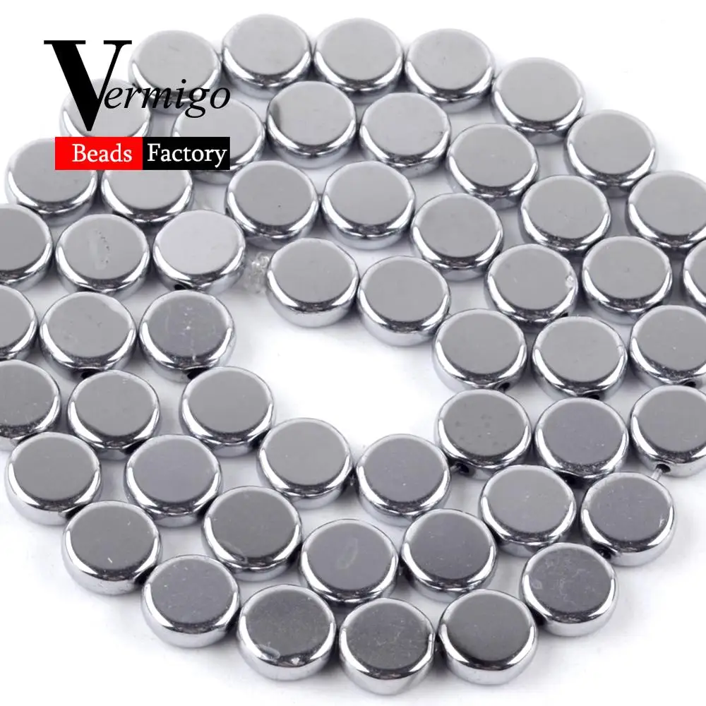 Плоские круглые бусины из натурального гладкого серебристого гематита для