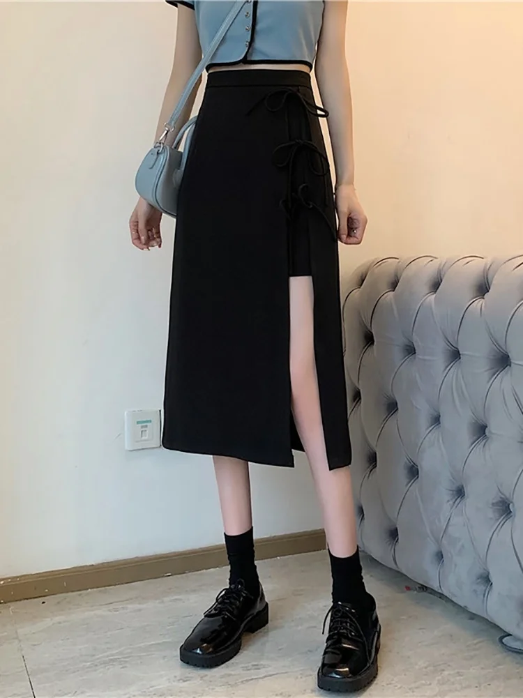 Женская юбка с разрезом черная облегающая высокой талией лето 2021 | одежда