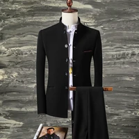 2 pcs set stand collar blazers jacket pants 2021 fashion new mens casual boutique business solid color suit coat trousers