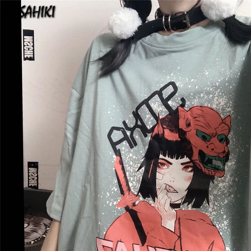 

KOSAHIKI Harajuku Women's Tops Japanese Cartoon Girl Print Casual T-shirt Korean Dark Anime Fashion Loose Summer Women T-Shirts