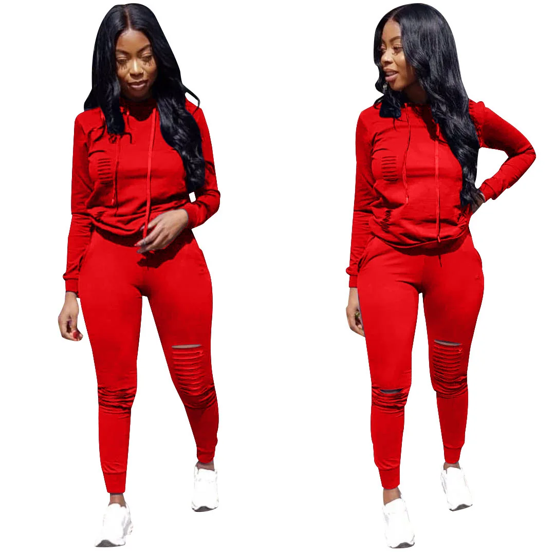 

Women's new spring and autumn pure color sports fashion ladies pure color hooded suit casual two-piece suit