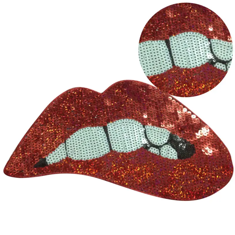 

Red Sequins Deal With It Lips DIY Motif Applique Embroidered Patches Clothes Embroidered Iron On Patches For Clothing Wholesale