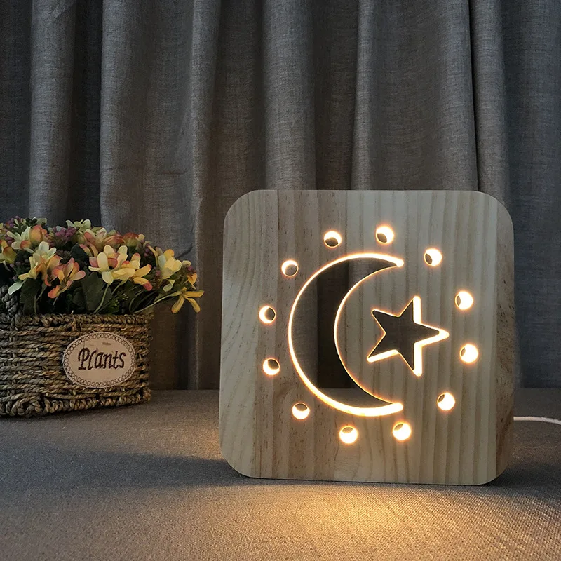 Wooden Moon Stars Lamp Kids Bedroom Decoration Warm Solid Wood LED Night Lamp USB Power Supply Night Lights for Children Gift