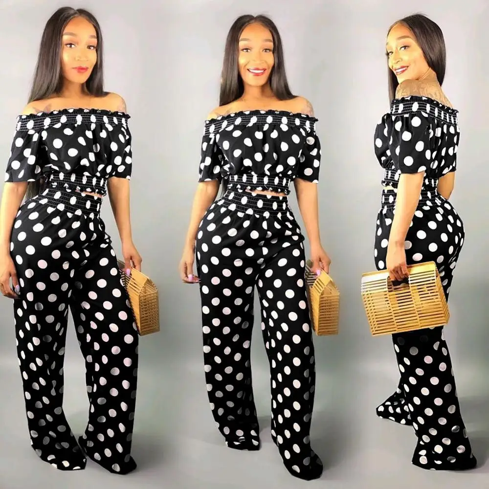 

Casual Slash Neck Polka Dot Crop Top +Long Wide Pants tracksuit clothes for women