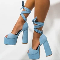blue denim chunky heels women sandals open toe lace up platform shoes cut out jeans square heels party shoes plus size 10