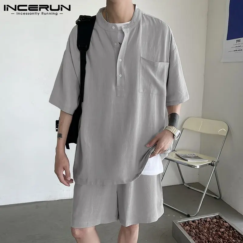 

2021 Men Pajamas Sets Solid Color Stand Collar Vintage Half Sleeve Shirt & Shorts Cotton Men Casual Suit 2 Pieces 5XL INCERUN
