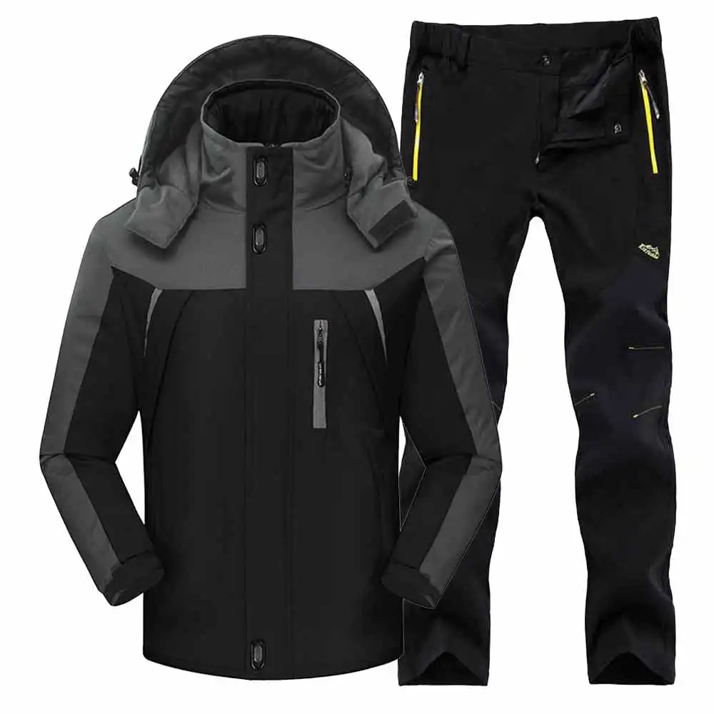 Black Suit Мужские зимние водонепроницаемые лыжные теплые флисовые походные куртки для рыбалки и катания на лыжах, мужские походные брюки, походная куртка, комплект, 4XL костюм - Цвет: Black Suit