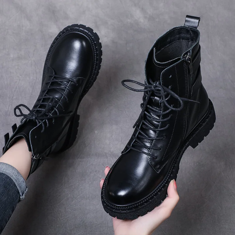 

Winter Women Ankle Boots Black Leather 2021 Fashion Autumn Warm Fur Motorcycle Non-slip Waterproof Female Platform Boots Shoes