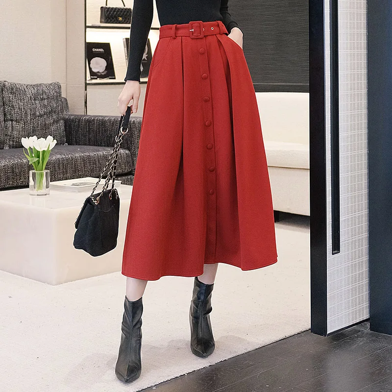 

New Quality X-long Drop Elegant Red A Word Big Swing Winter Women Woolen Skirts High Waist With Belt Umbrella Skirt