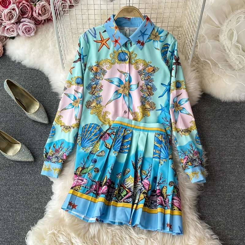 

2021 Autumn Two Piece Set Women's Casual Printed Shirt + Pleated Skirt Fashion Celebrity Suit Star Fish Floral Blue Skirt Sets