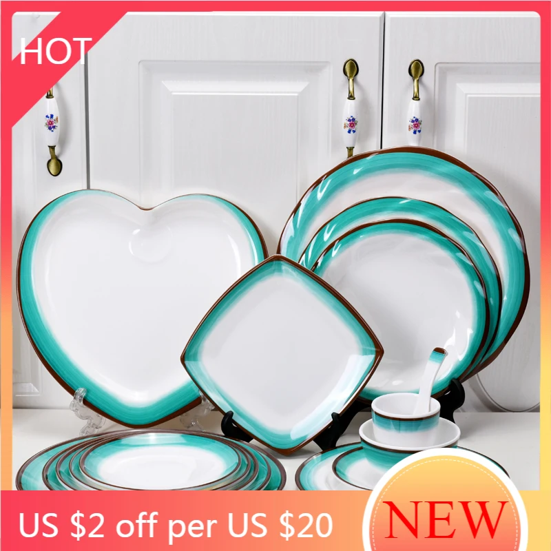 

Tableware Plates Set Ceramic Serving Decorative Breakfast Set Nordic Green Ceramic Flat Noodle Plate Assiette Kitchenware AG50CP