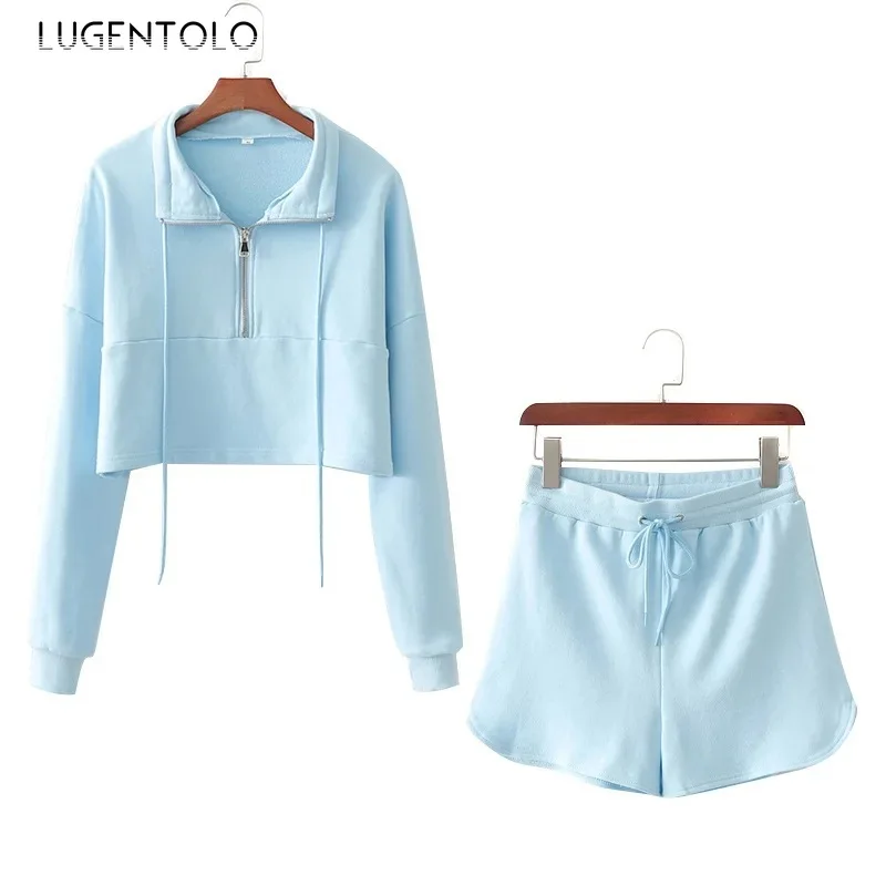 

Lugentolo 2 piece Set Top and Shorts Female Casual New Pullover Long Sleeve Elastic Waist Fashion Drawstring Sports Shorts Sets